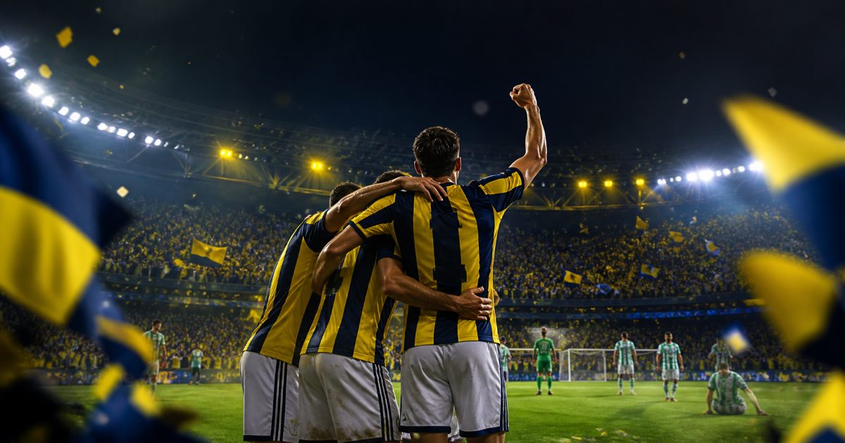 Fenerbahçe'nin Sturm Graz galibiyetini temsil eden sarı lacivert Avrupa gecesi görseli.
