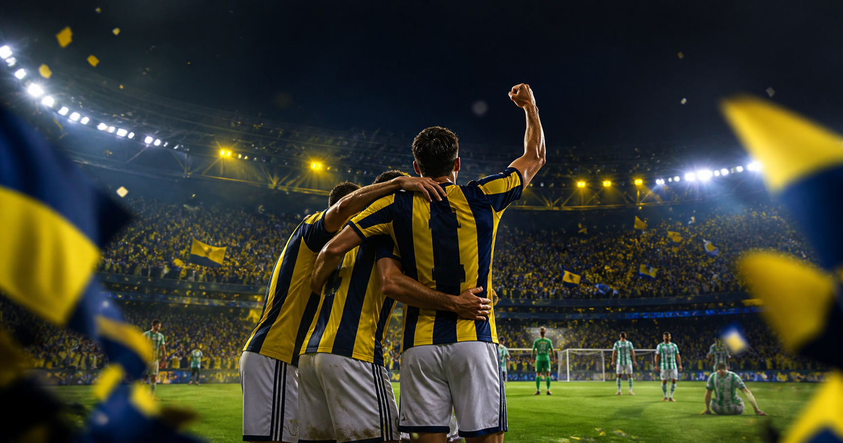 Fenerbahçe'nin Sturm Graz galibiyetini temsil eden sarı lacivert Avrupa gecesi görseli.